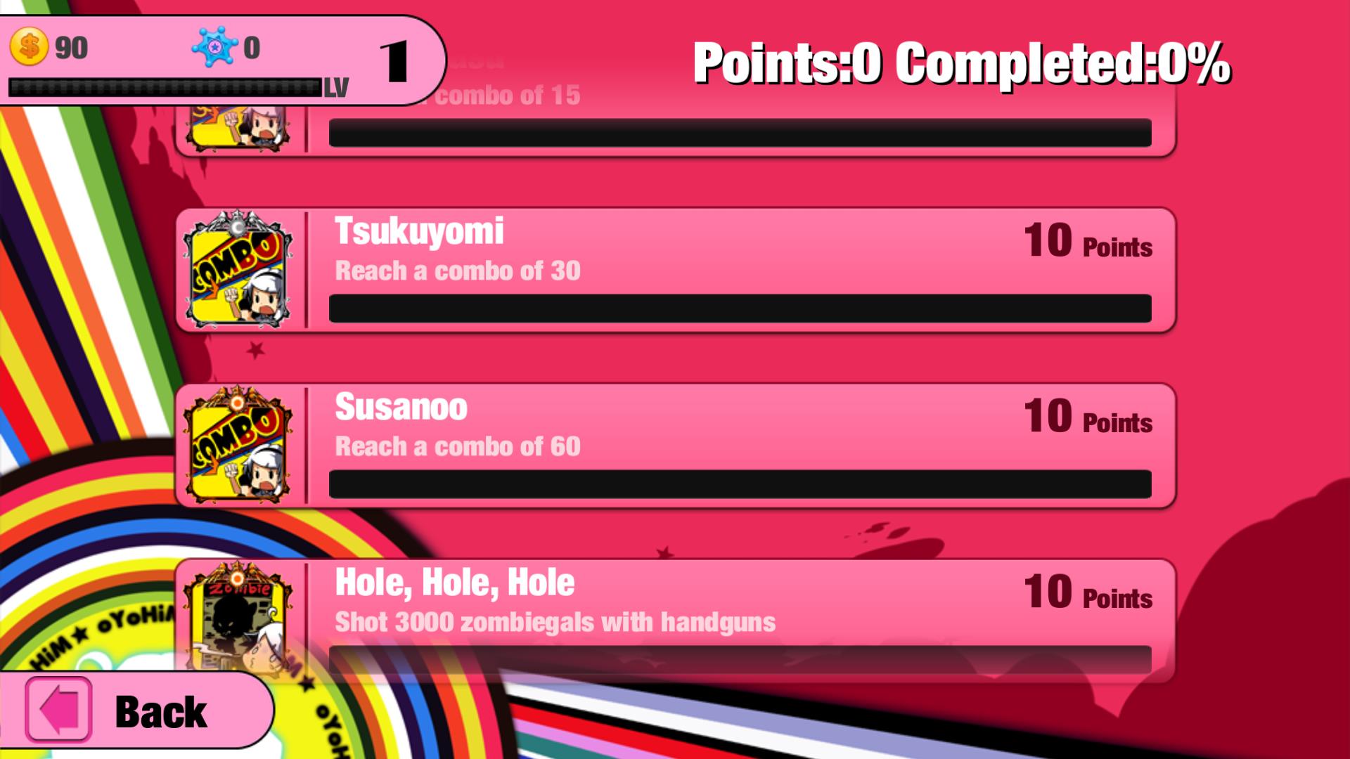 The game's pink-themed achievement list